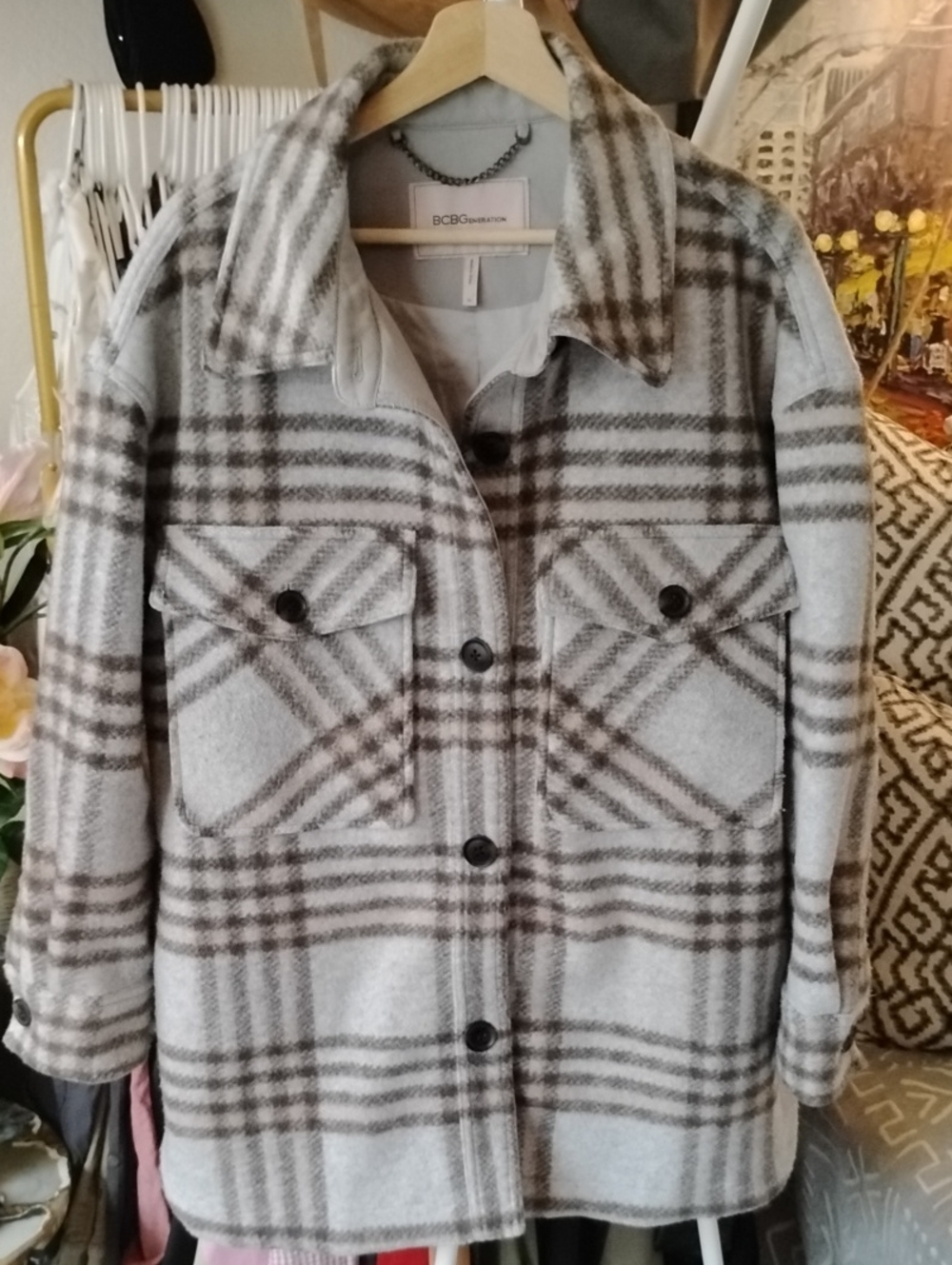 BCBGeneration Gray-blue, Brown & Cream-pink Plaid Oversized Shacket Jacket